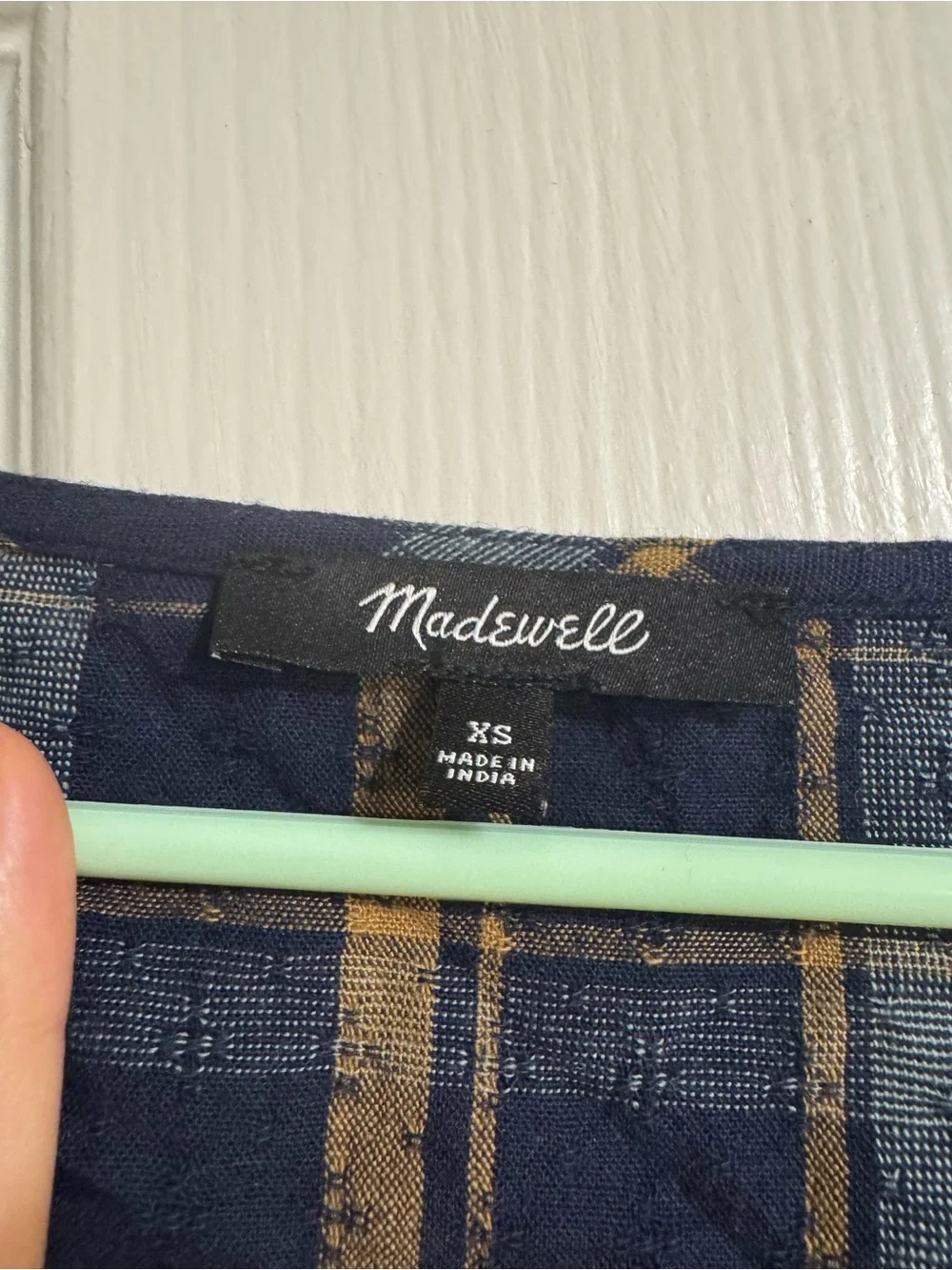 Madewell Navy and Tan Plaid Puff-Sleeve Wrap Blouse